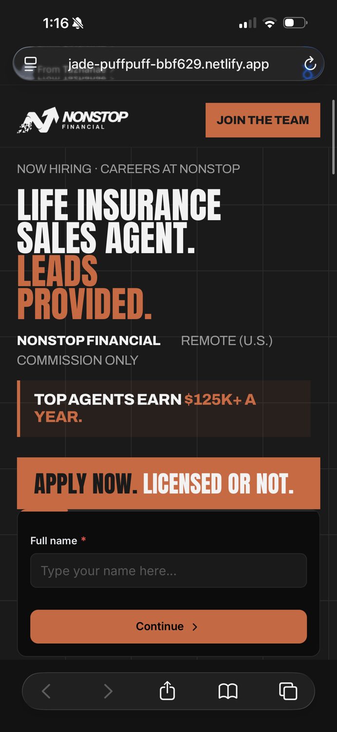 Nonstop Financial landing page: Life insurance sales agent, leads provided, apply now licensed or not