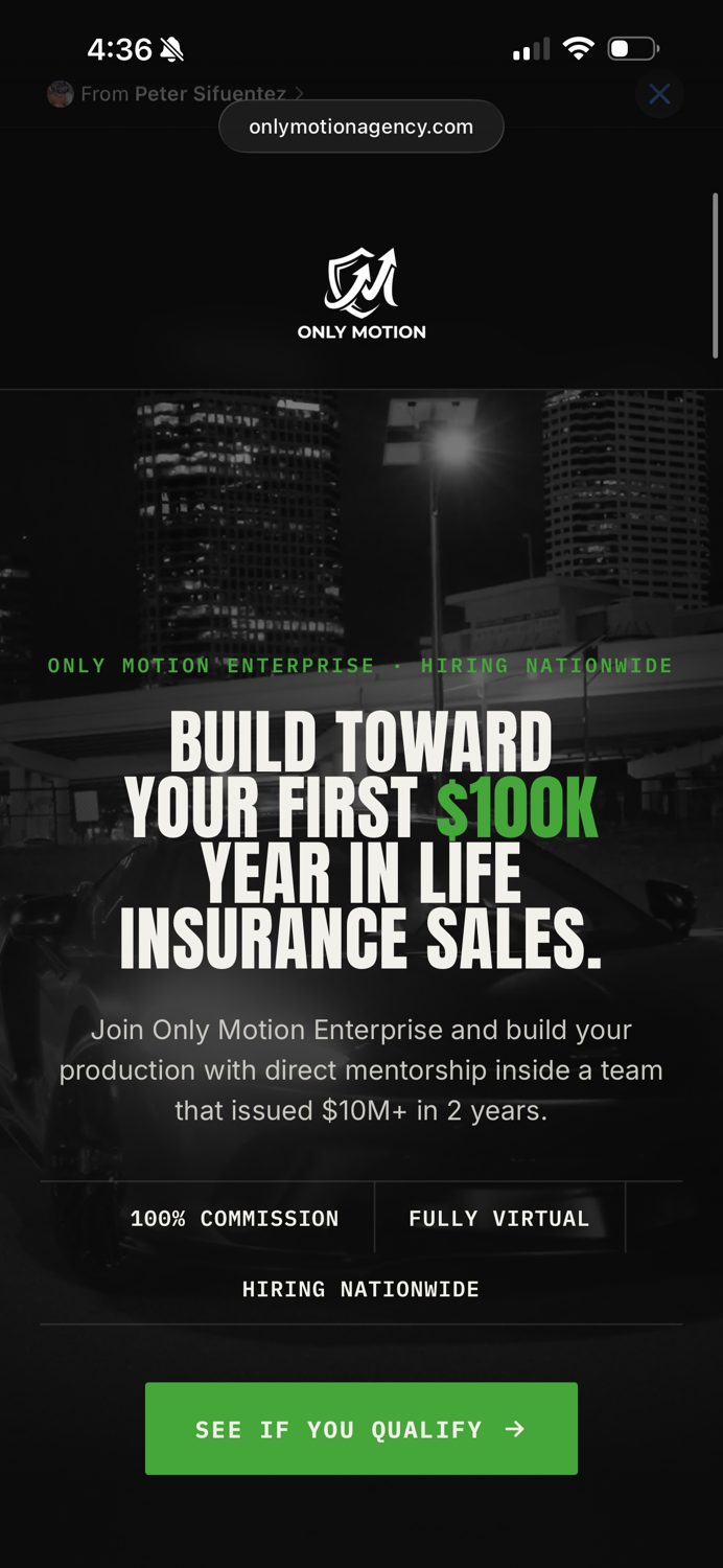 Only Motion landing page: Build toward your first $100K year in life insurance sales