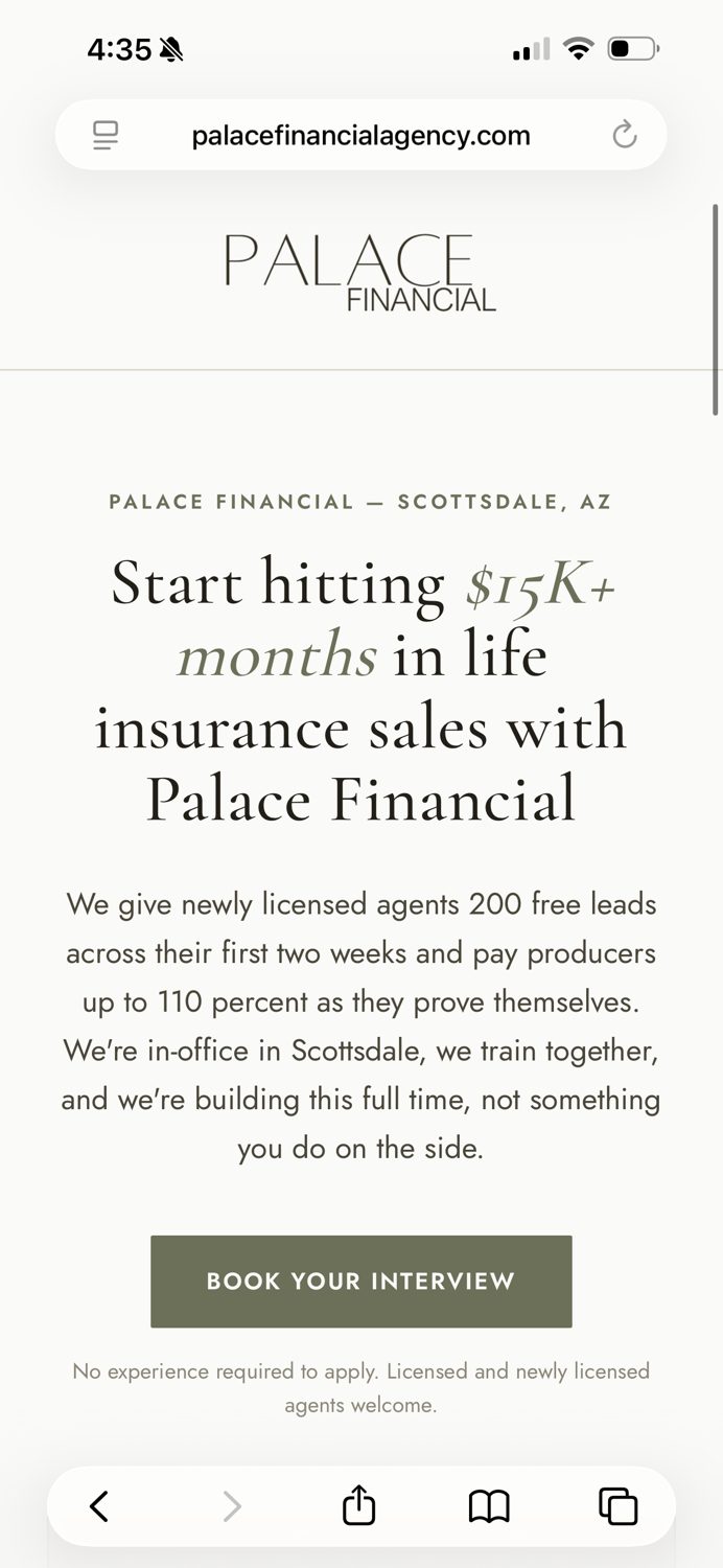 Palace Financial landing page: Start hitting $15K+ months in life insurance sales